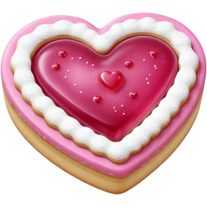 Realistic shortbread cookie in the shape of a heart with pink jelly middle filling and sprinkled powder sugar on top. emoji