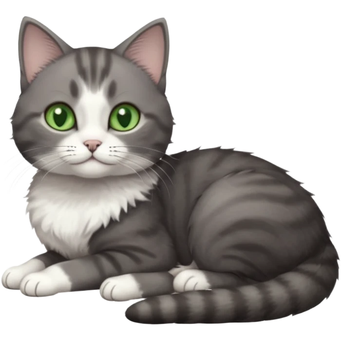 full body tiny short hair dark grey and white cat with white front legs and green eyes lying down emoji