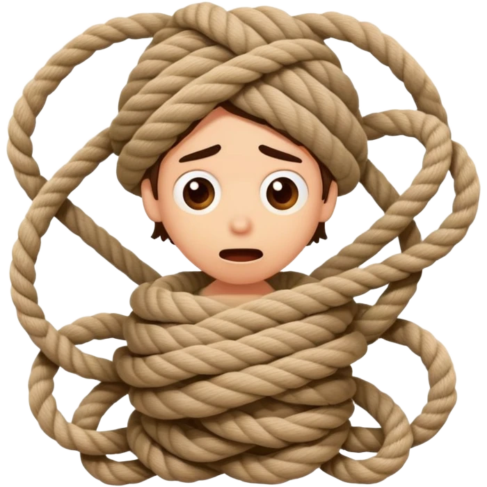 A cartoon person comically tangled and wrapped in rope with a silly surprised expression, looking confused emoji