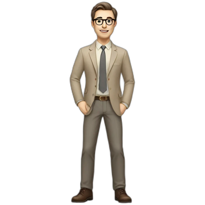 Full height Gesticulating Pale skinned fit man with dark brown hair in gray jacket, beige office shirt, brown tie, brown pants and vintage glasses. emoji