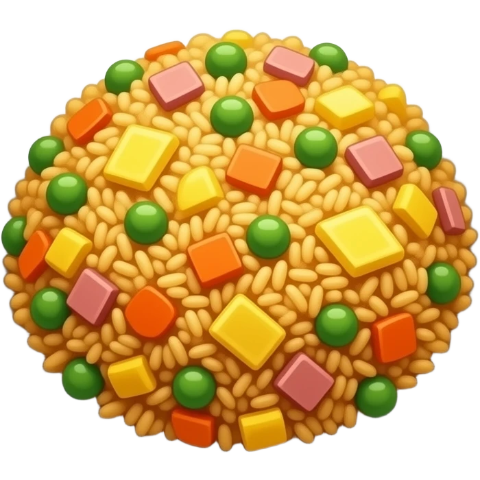 3D emoji style Chinese fried rice on a white plate, 
golden yellow rice mixed with green peas, orange carrot, 
yellow scrambled egg, and small pieces of ham, 
Apple emoji aesthetic, soft highlights, 
transparent background, bold simple shapes emoji