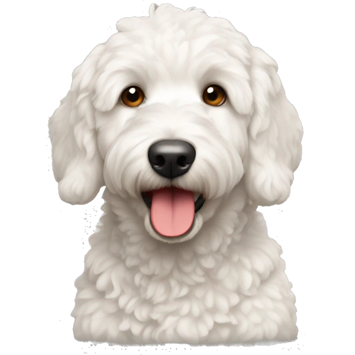 White Mini golden doodle with red ears emoji