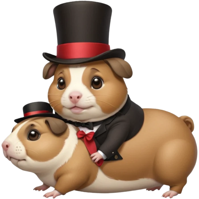 a cute guinea pig wearing a top hat riding on the back of a chubby pug emoji