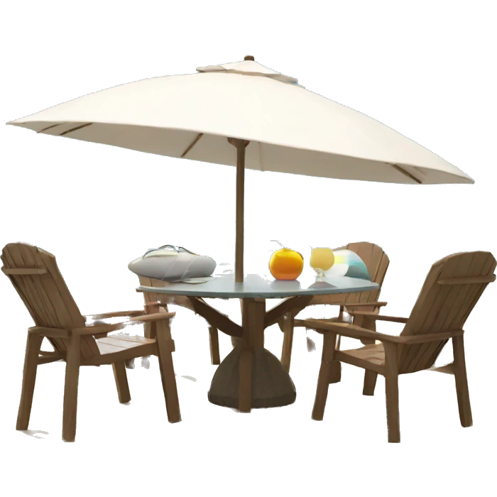Beach table with chairs and a large umbrella. There are 6 large solar panels on the umbrella emoji