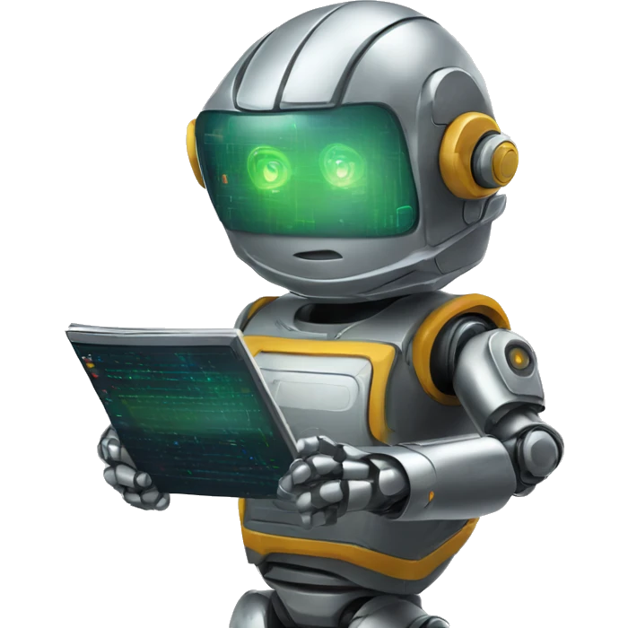 Secret half man half robot agent with a spyglass looking reviewing multicolor lines of code emoji