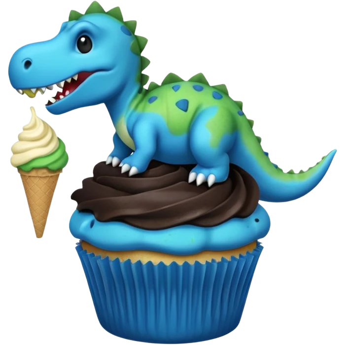 A cupcake having blue and black icing and a dinosaur as a decoration and ice cream next to it emoji