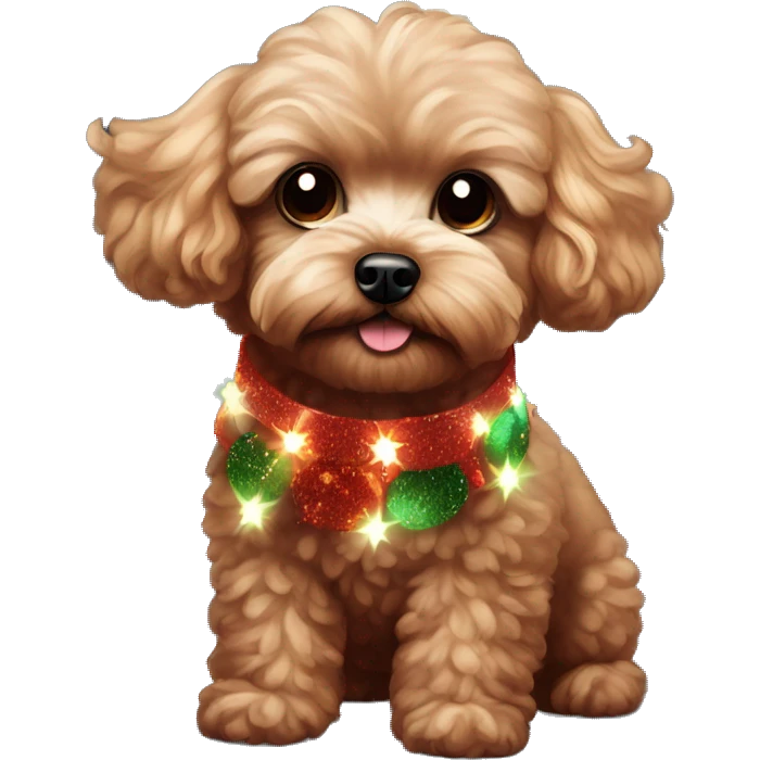 Dark Red maltipoo with Christmas lights decorated around its neck emoji