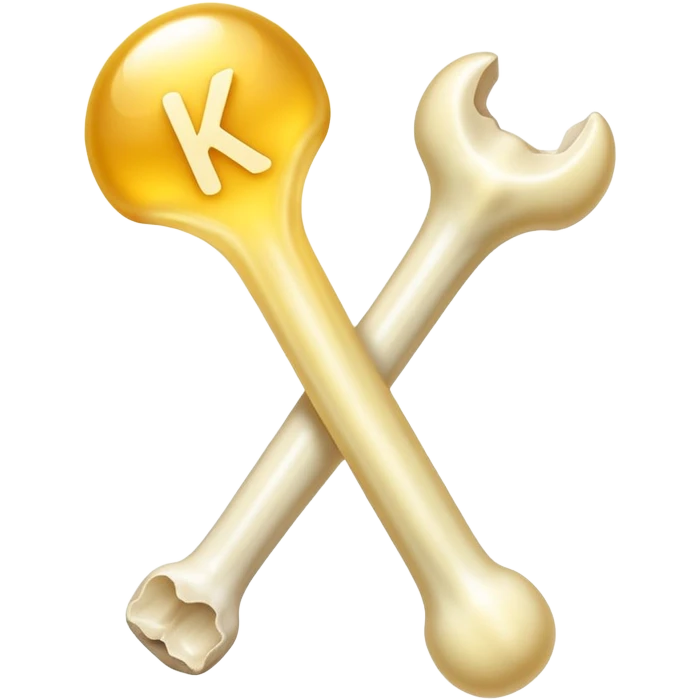 Simple, minimalist vitamin K2 symbol with a soft golden glow beside a bright, luminous bone. Both elements emit a gentle ethereal light, with subtle connections between them showing K2's role in bone health. emoji