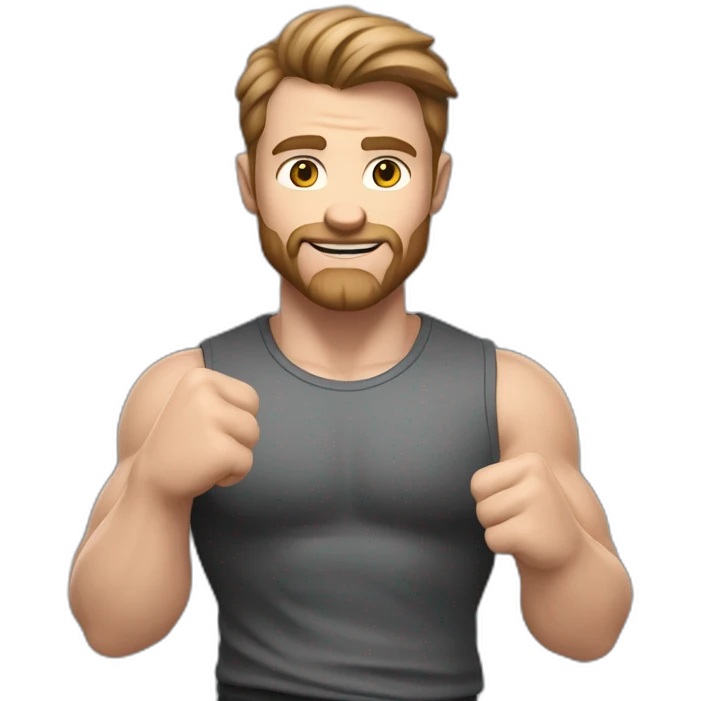 Close up Actively gesturing  with hands Pale skinned Fit Man With the biceps and brown hair in dark gray Sleeveless Mike, black oversize sports shorts, watch and white Sneakers emoji