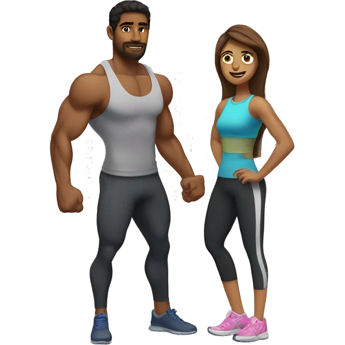 Brown man at the gym With a female trainer with muscles emoji