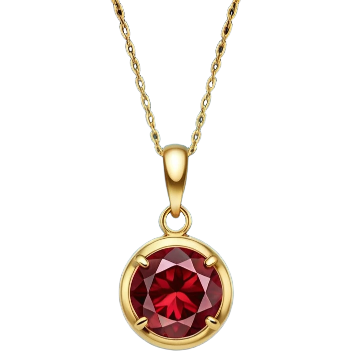 A polished round red garnet pendant suspended from a delicate gold chain, like a drop of enchanted starlight, glowing with the warmth of passion and the quiet power of transformation emoji