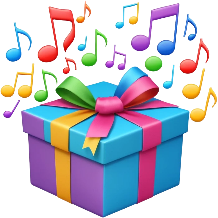 A wrapped gift box opening with colorful music notes flying out. the box is open  emoji