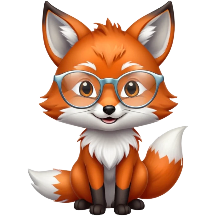 A sly fox with iridescent fur, a glowing tail, a silver star on its forehead, and round glasses, giving a mischievous smirk. 🦊😏 emoji