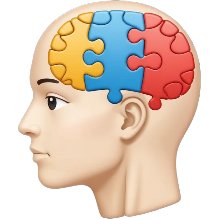 Minimalistic flat vector icon, iOS style, thin black contour on white background. Human head profile with a brain inside, split into puzzle pieces. No text, no shadows. emoji