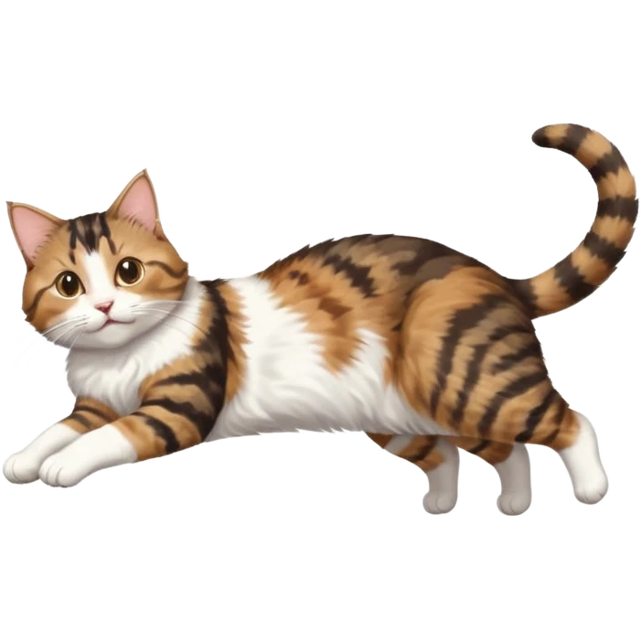 brown tabby and white cat with doing a big extremely long stretch reaching up into the air with arms and legs side by side together straight and overextended whilst lying on its side emoji