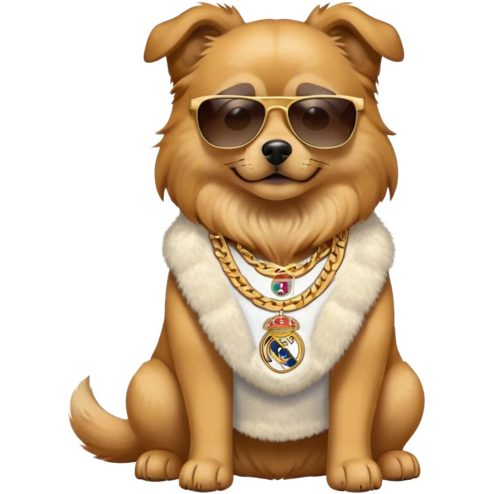 dog with an Real madrid dress and chain and sunglasses emoji