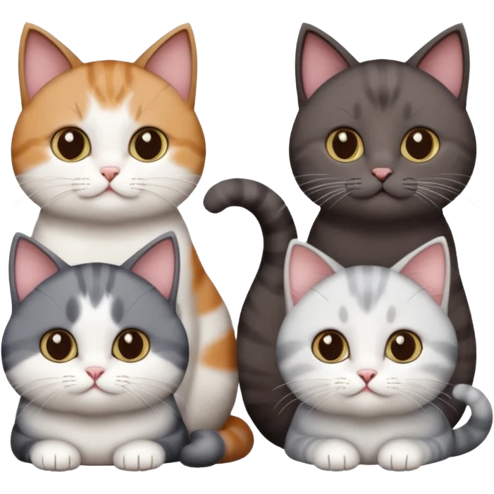 4 different coloured short haired cats including; a dark brown and white cat, and a dark grey and white  emoji