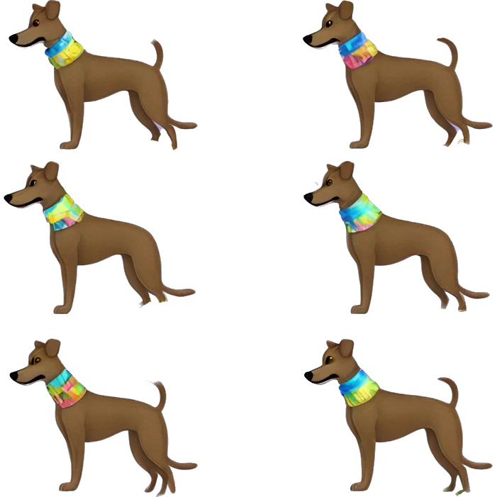  brindle brown black maroon striped lurcher Alsatian fox running blue eyes and iridescent holographic oilslick harness wearing paper iridescent tropical flower crown yellow caution tape emoji