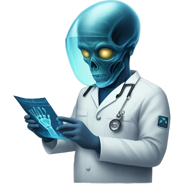 Man in navy scrubs looking at an alien X-ray  emoji