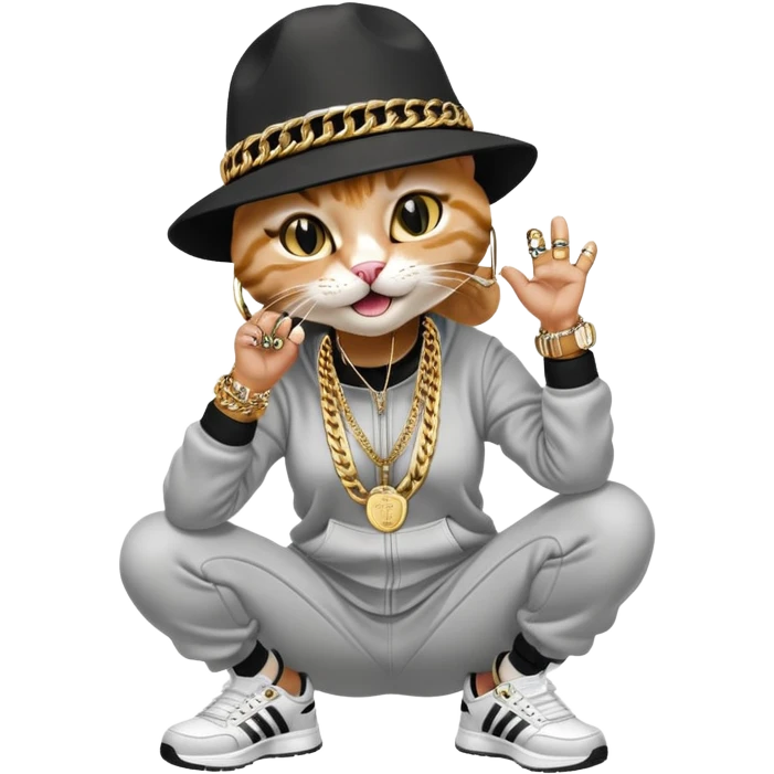 female cat wearing Run DMC hip-hop outfit with tracksuit, fedora, Adidas sneakers, many gold chains, rings, bracelets, flashy earrings, laughing and looking up, no sunglasses emoji