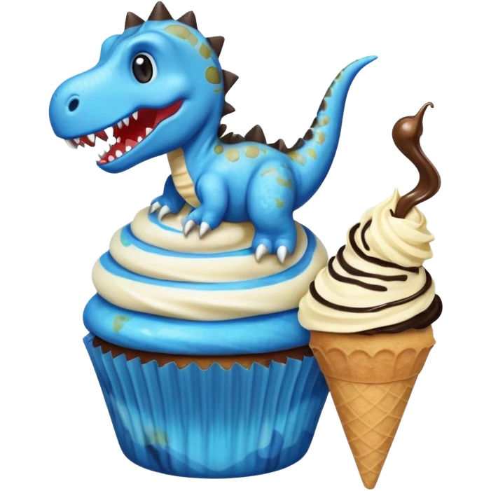 A cupcake having blue and black icing and a dinosaur as a decoration and ice cream next to it emoji