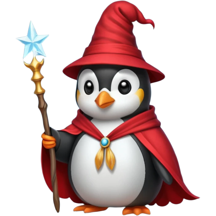 A penguin wizard with a red hat and a magic wand emoji