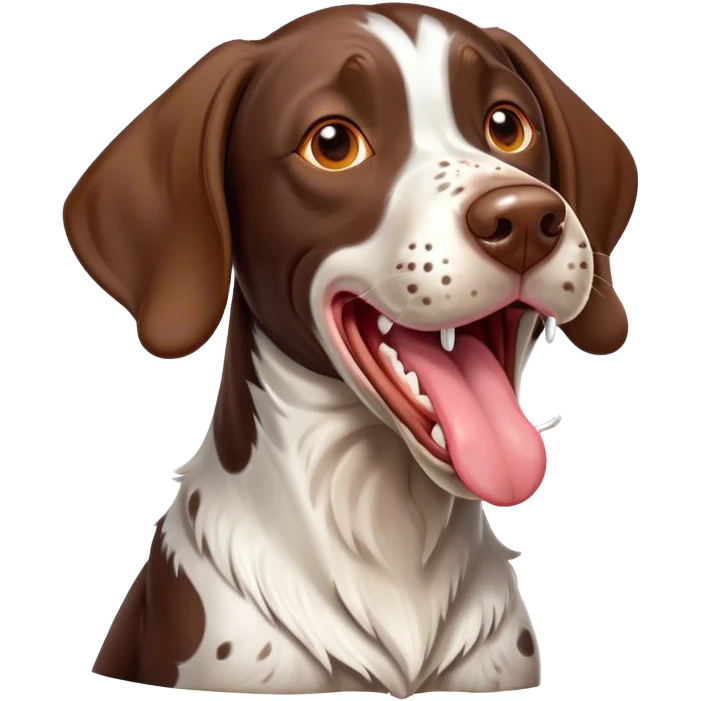 Cinematic Comical German Pointer Dog Portrait Emoji, Head tilted dramatically while yawning exaggeratedly, sleek brown and white fur, Simplified yet hilariously adorable features, highly detailed, glowing with an almost sarcastic glow, high shine, a mix of lazy and curious, stylized with a touch of playful whimsy, bright and alert but with a comical expression, soft glowing outline, capturing the essence of a mischievous yet overly dramatic dog, so meme-worthy it feels like it could leap off the screen and sassily demand attention, ready to become the internet’s next viral sensation! emoji
