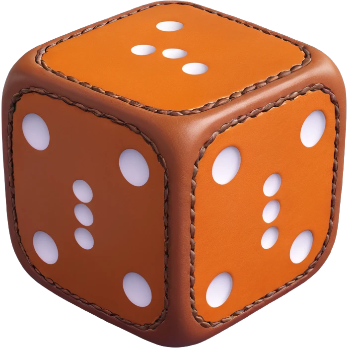 single dice, 3D, brown camel leather texture, orange metallic pips, elegant style, no text emoji