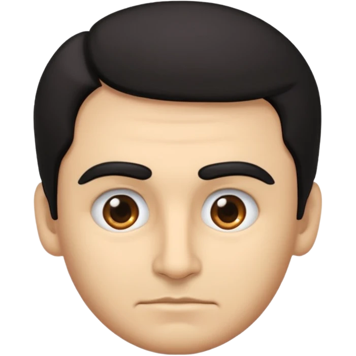 emoji a medio cuerpo hasta la cintura, hombros anchos, de un hombre, con cejas gruesas inclinadas hacia abajo, nariz medio grande, hombros anchos, sin sonrisa, hombros anchos, cabello medio ondulado con un corte juvenil, cabello negro. ojos negros. emoji