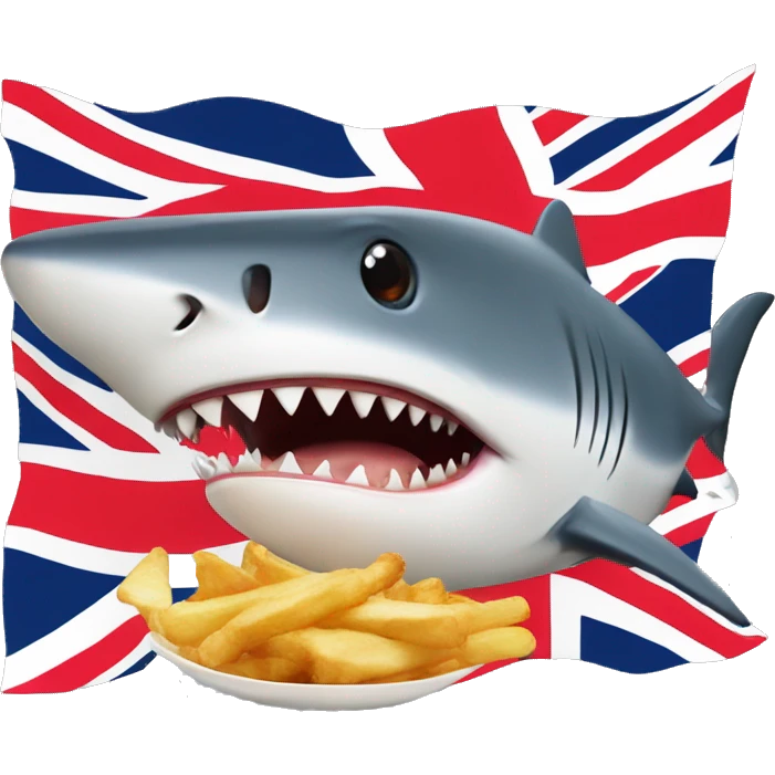  A British shark with a union jack patern hat who  eating fish and chips emoji