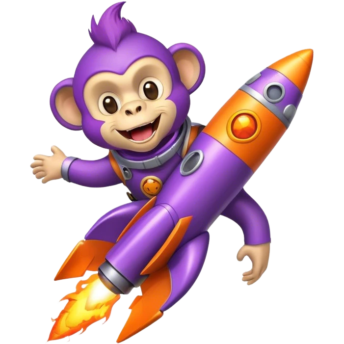 purple punk laughing monkey flying in a rocket with fire emoji