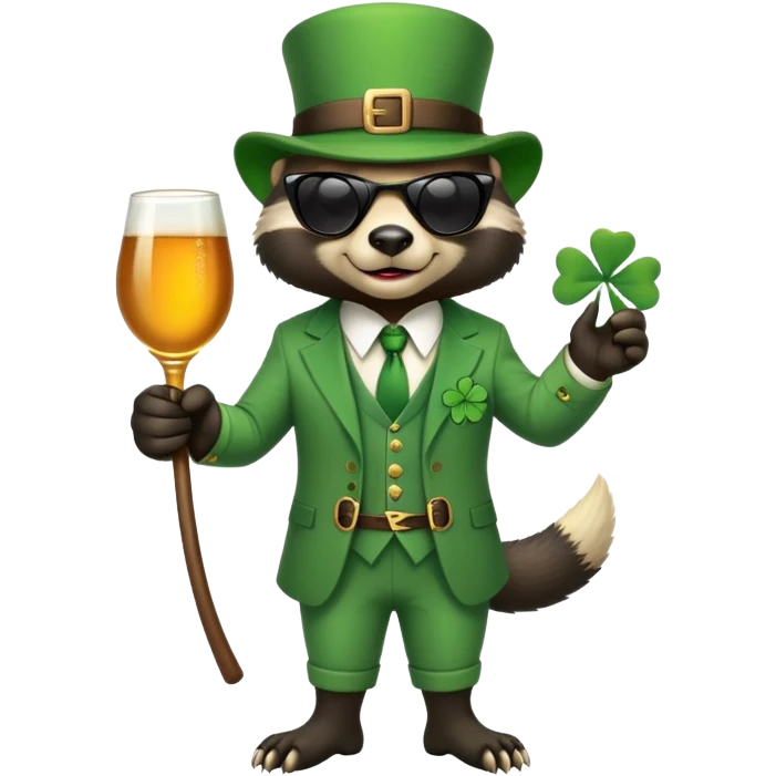 friendly anthropomorphised honey badger in a classic leprechaun suit with shamrock accessories, wearing sunglasses, St. Patrick's Day emoji