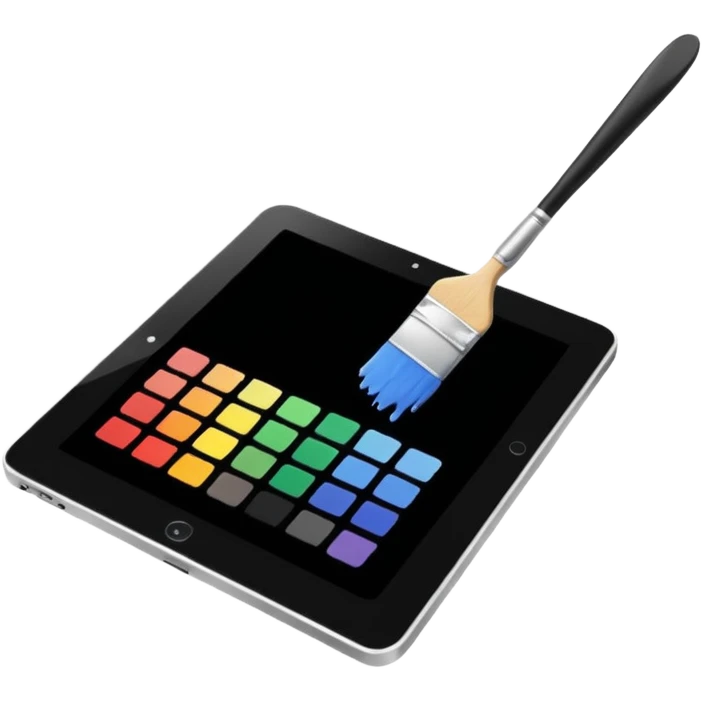 A simple graphic for digital art. A tablet dissolving into pixels with a paint brush or a pallet overlaid. No gradients. Just black on white. emoji