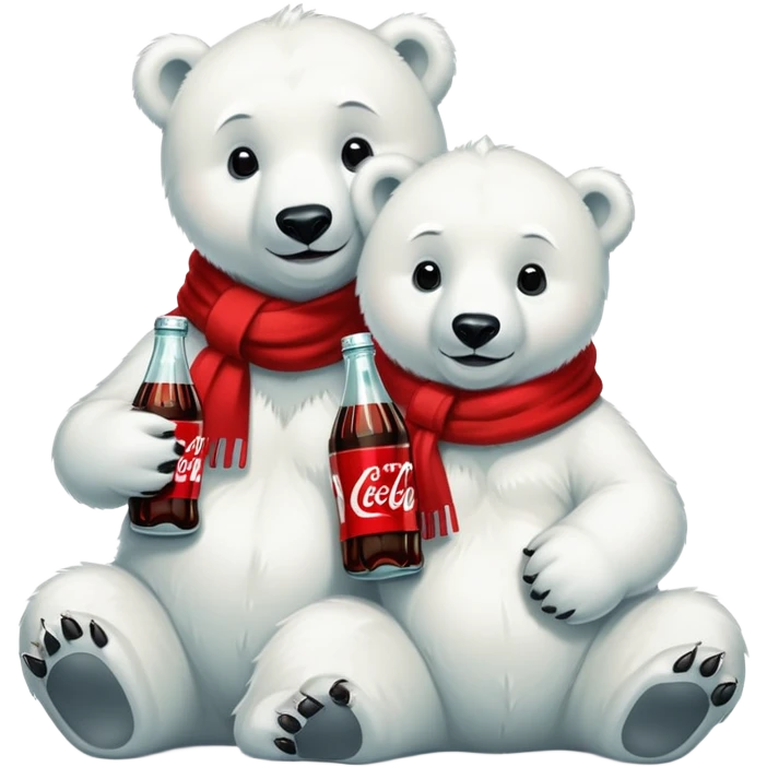 Two polar bear Cubs with Coca-Cola bottles and red scarfs emoji