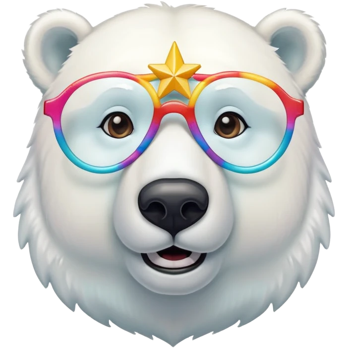 close up headshot of a friendly anthropomorphised polar bear wearing oversized colorful star glasses emoji