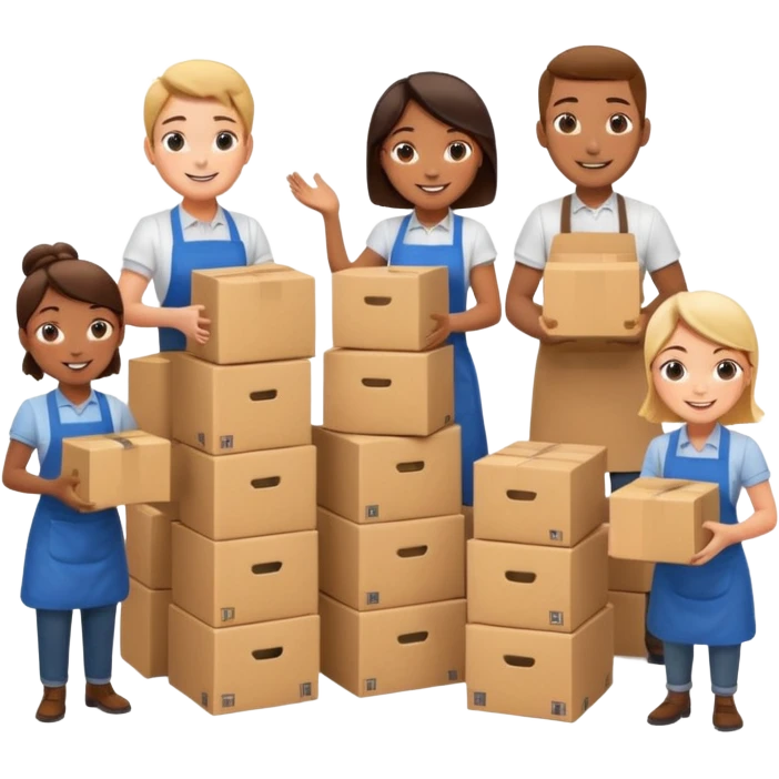Generate a realistic emoji-style icon workers in a stoage room being efficient while packing emoji