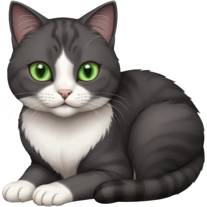 beautiful female solid dark grey cat with green eyes, white toes/paws and white patch on her chest rolling over emoji