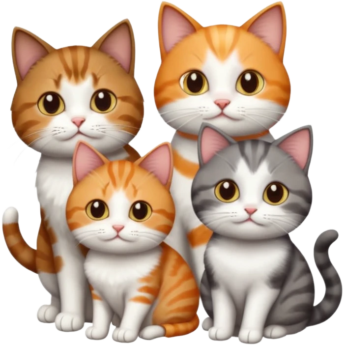3 different coloured short haired cats including; a dark brown tabby and white cat, and a dark grey and white and a ginger and white emoji