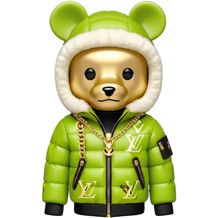 traditional cube-shaped bearbrick toy with squared head, lime balaclava with graffiti logos and integrated dark visor shield, Louis Vuitton monogram puffer jacket with plush fur hood trim, gold chains emoji