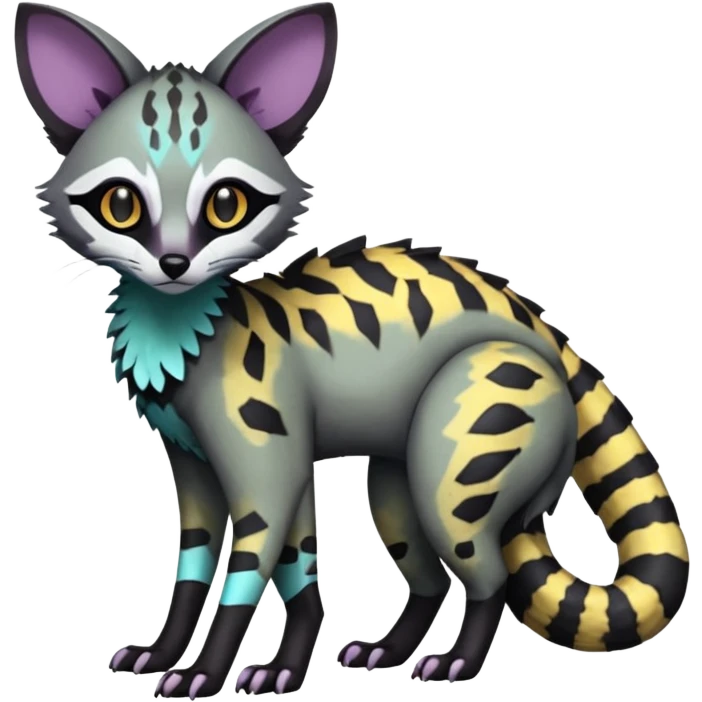 Rare realistic shiny warm-colored lush exotic cute edgy epic futuristic aesthetic gloomy spooky dark modern colorful cyber-Genet-Trico-species-Fakemon-hybrid-creature, with beautiful intricate markings, full body emoji