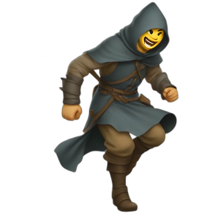 medieval saboteur laughing and escaping, hooded emoji