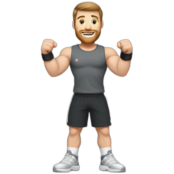 Close up Actively gesturing  with hands Pale skinned Fit Man With the biceps and brown hair in dark gray Sleeveless Mike, black oversize sports shorts, watch and white Sneakers emoji