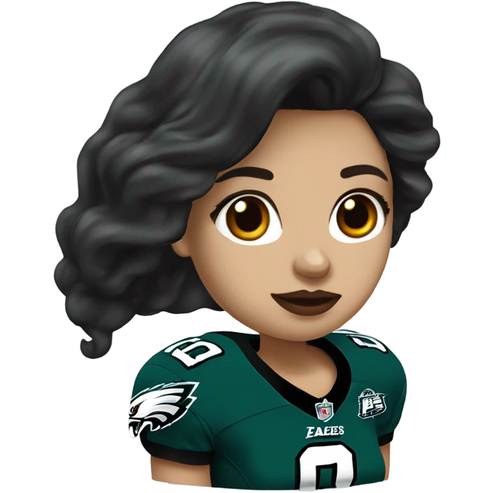 White female long dark hair red lips wearing Philadelphia Eagles jersey emoji