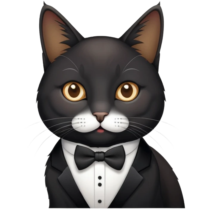 Black tux cat with a multi colored grey and brownish cat emoji