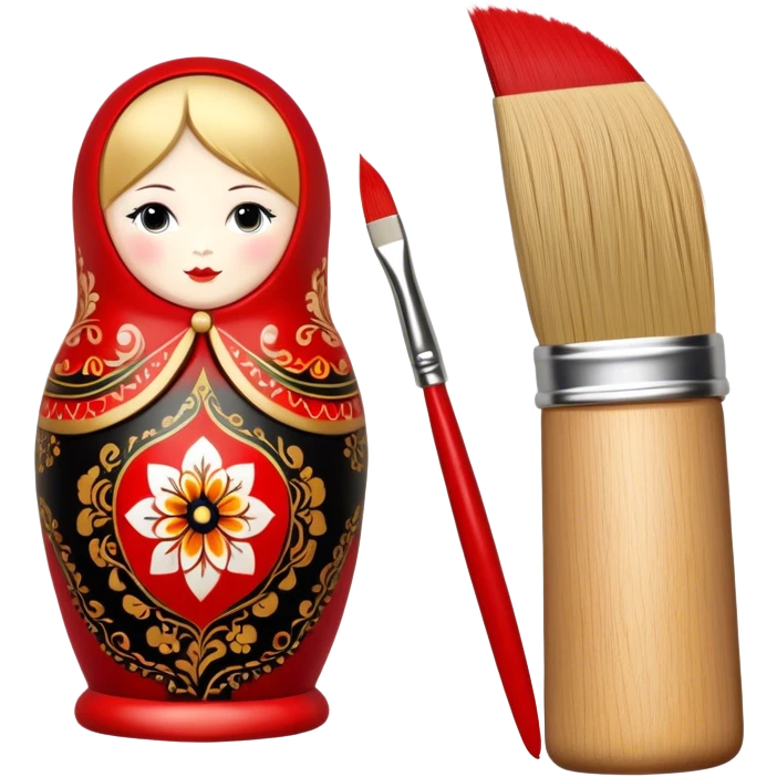 Wooden doll painting icon, traditional Russian Matryoshka doll being painted with intricate Palekh or Khokhloma designs, visible paintbrush, vibrant red, gold, and black colors, unfinished doll with detailed patterns in progress, minimalistic style, clean lines, transparent background. emoji