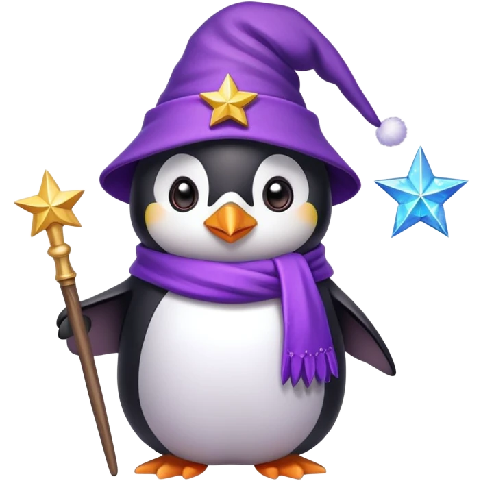 A cute penguin wearing a purple wizard hat and holding a magic wand with a star on the tip emoji
