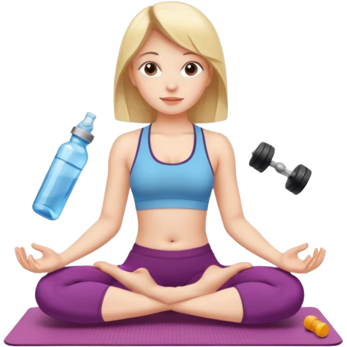 Девушка сидит на коврике для йоги и рядом стоит вода, таблетки, гантели  emoji