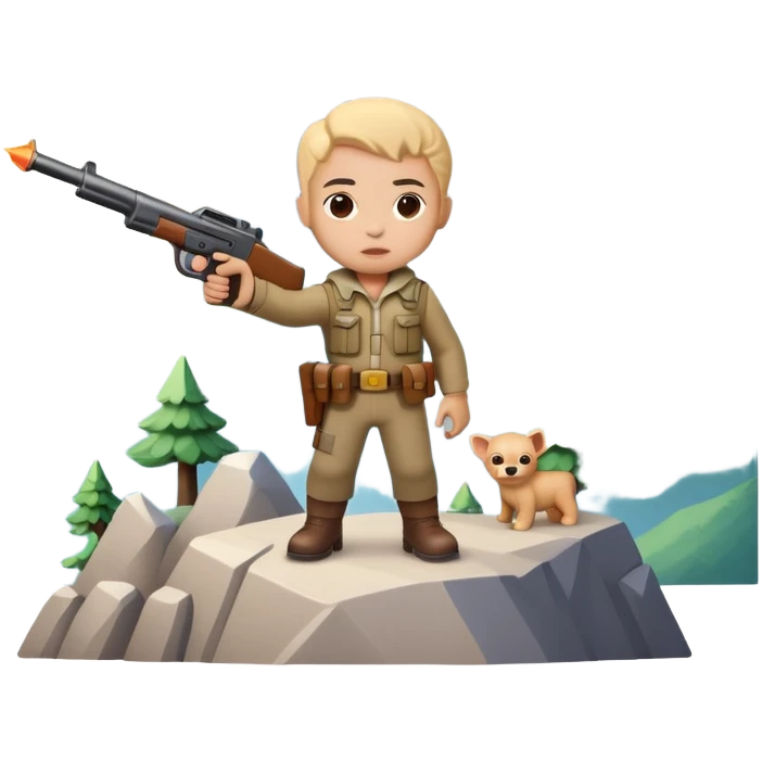 Little character holding a toy gun aiming at a mountain with tiny figures on it emoji