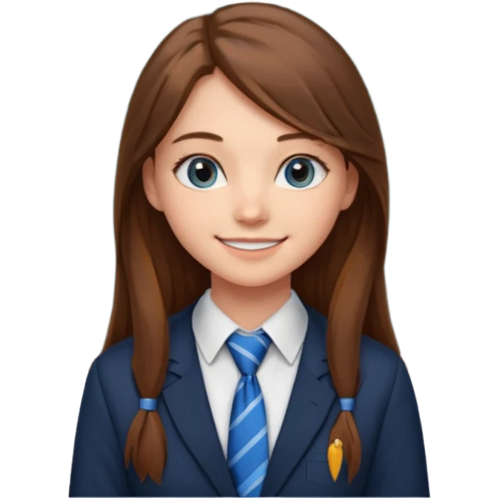 high school class room with a pretty female high school student with long brown hair, blue eyes, wearing a tie, sitting in front of the blackboard emoji