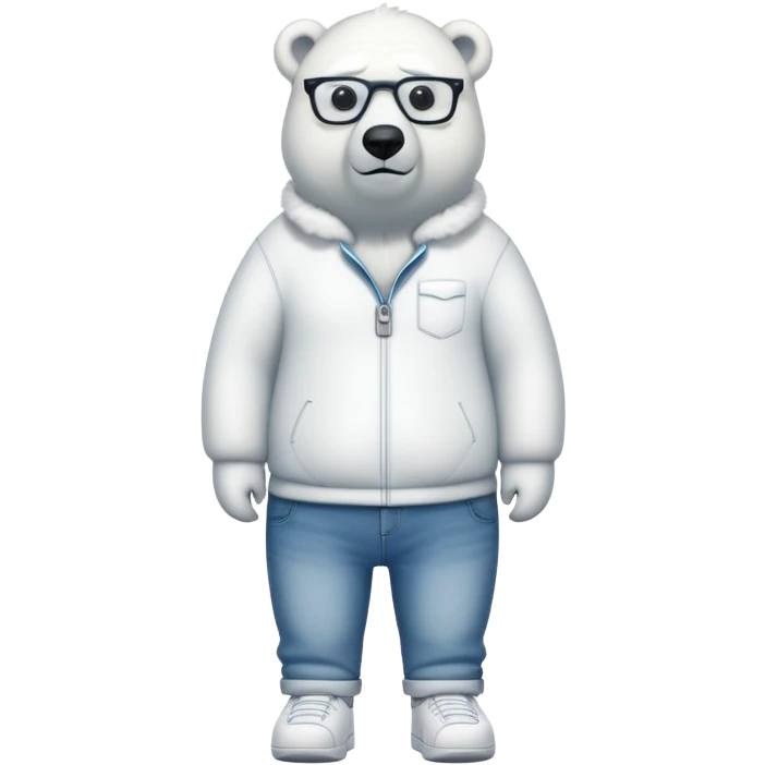 friendly anthropomorphised polar bear standing upright, looking chilled and unbothered, wearing a shirt, jeans, trainers, extravagant glasses emoji